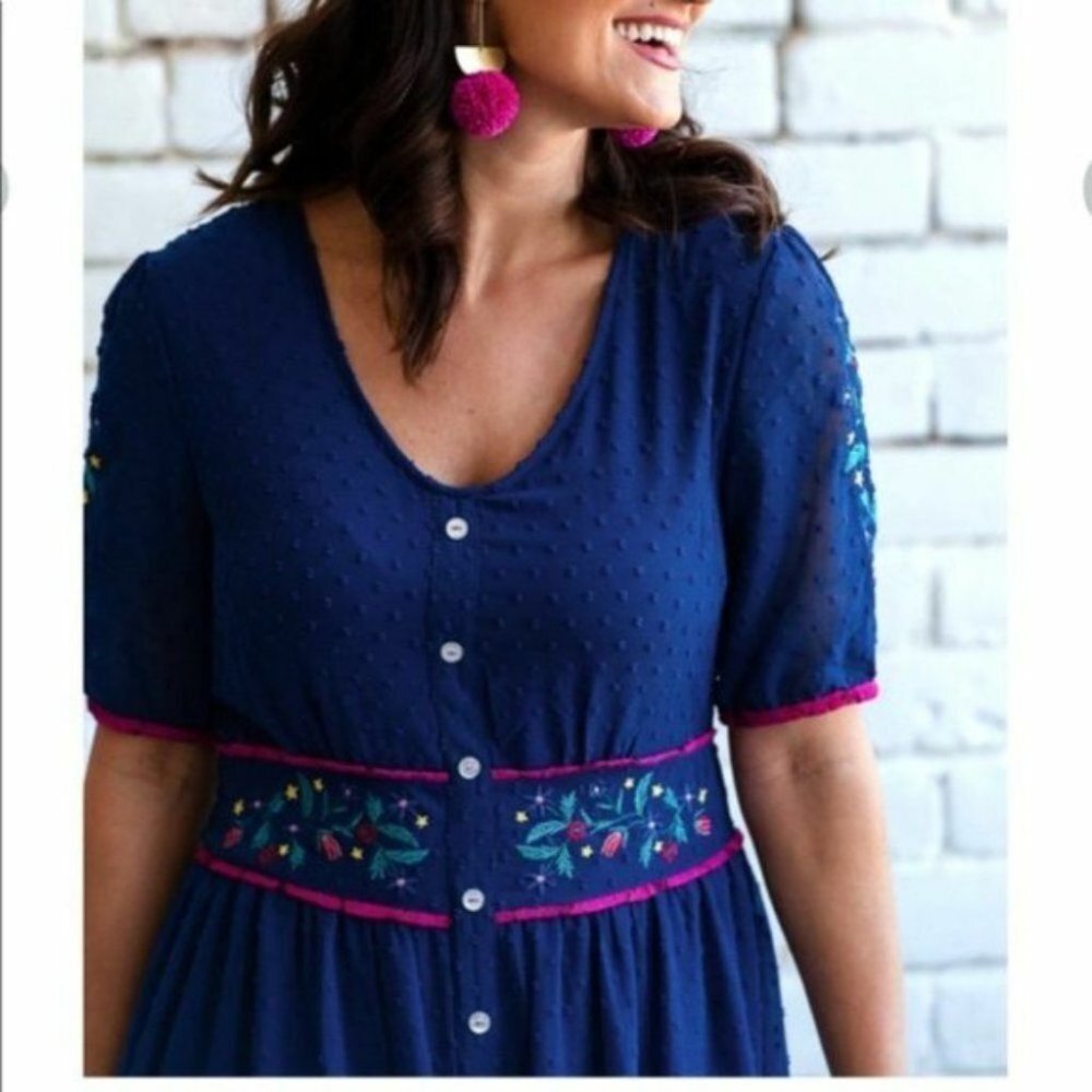 Wildflowers Clothing Feliz Navidad Navy Swiss Dot Maxi Dress Floral Embroidery